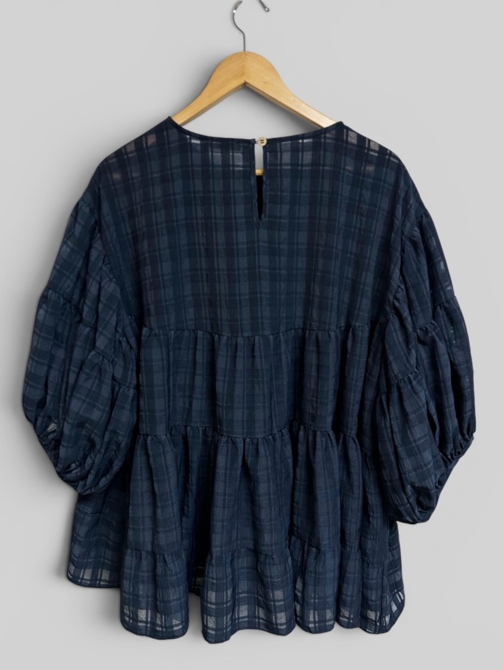 Day + Moon Navy Blue Plaid Babydoll Mini Dress Size Large Boho Puff Sleeve - Picture 5 of 6